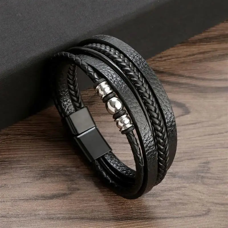 Punk Men Leather Bracelet with Stainless Steel Magnetic Clasp Braided Mutilayer Leather Wrapping Bangles Man Jewelry Gift