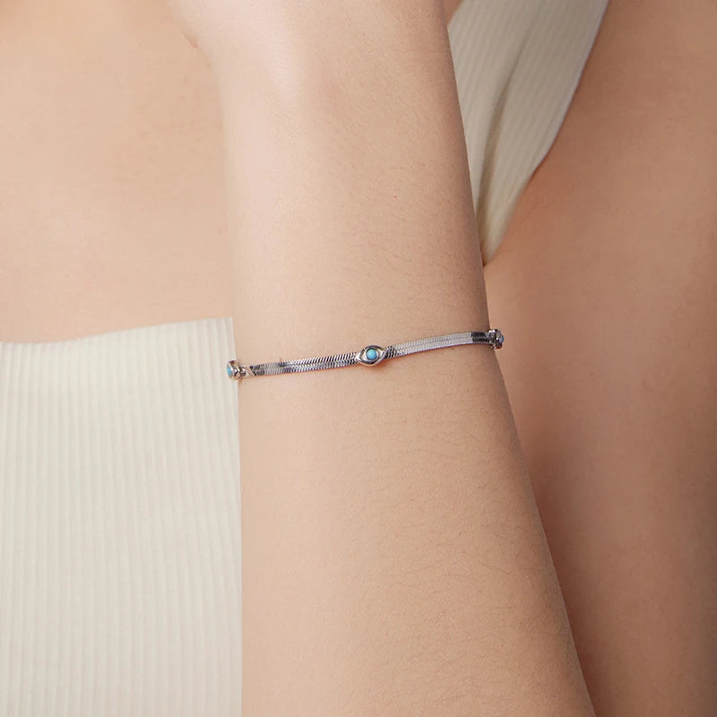 Bamoer 925 Sterling Silver Devil's Eye Bracelets Wide Flat Snake Chain Turquoise Charm Bangle Adjustable for Women Retro Gift