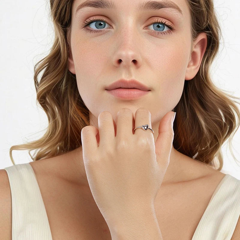 WOSTU 925 Sterling Silver  Mini Heart Opening Rings Stud Earrings Wedding Party Birthday Valentine's Gift Minimalism Jewelry Set