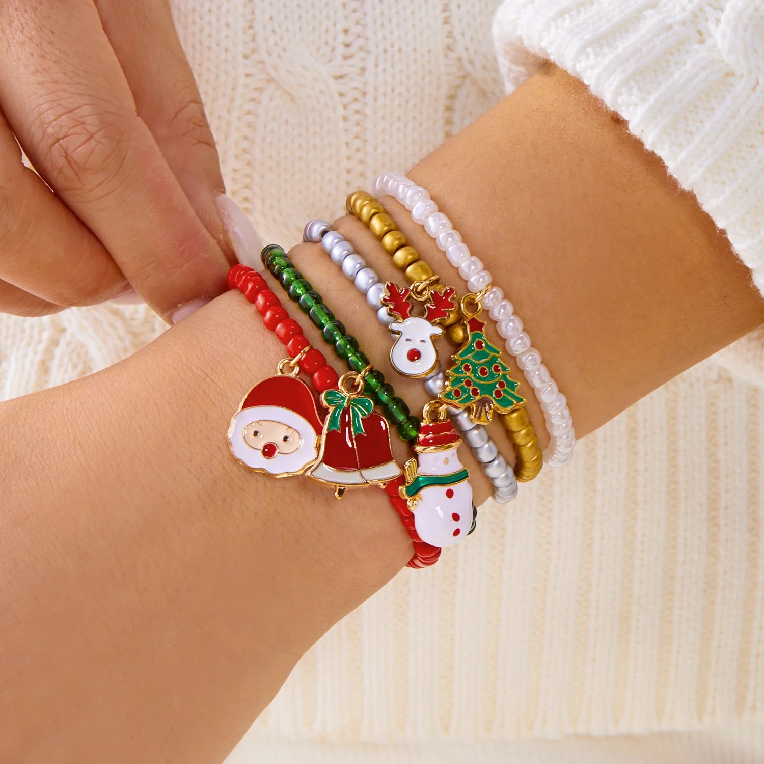 Handmade Christmas Bracelet For Women Girls Santa Claus Snowman Elk Xmas Tree Handwoven Adjustable Bangles New Year Jewelry Gift
