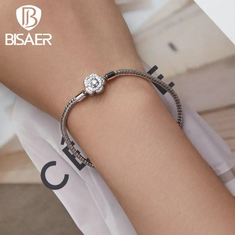 BISAER 925 Sterling Silver Rose Basic Bracelet Fox Tail Chain Plated White Gold For Bangle DIY Charm Bead Original Fine Jewelry