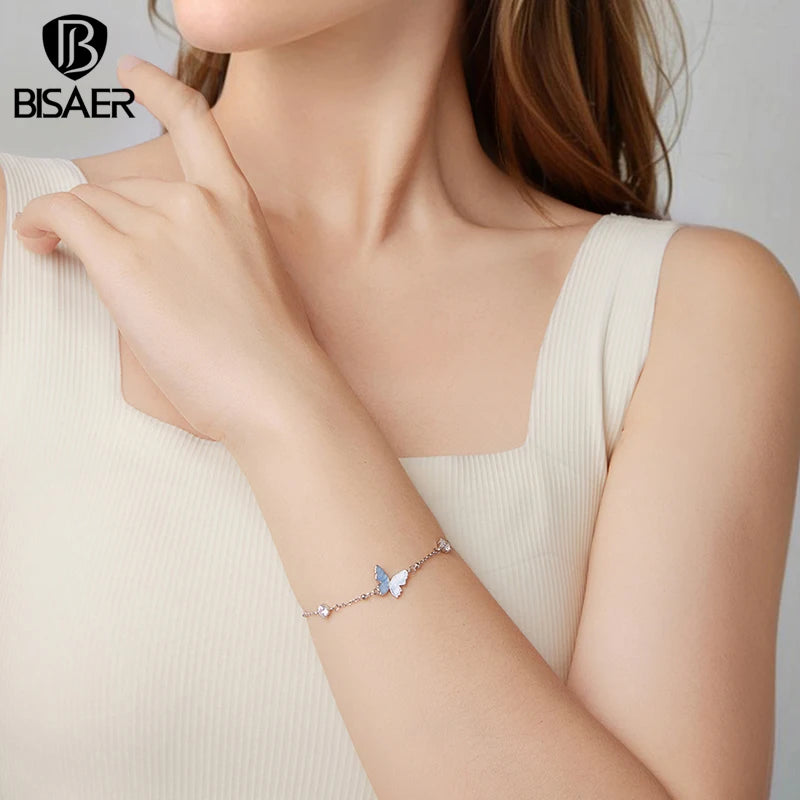 BISAER 925 Sterling Silver Bule Butterfly Charm Bracelet Sparkling Zircon Adjustable Chain Bangle for Women Party Fine Jewelry