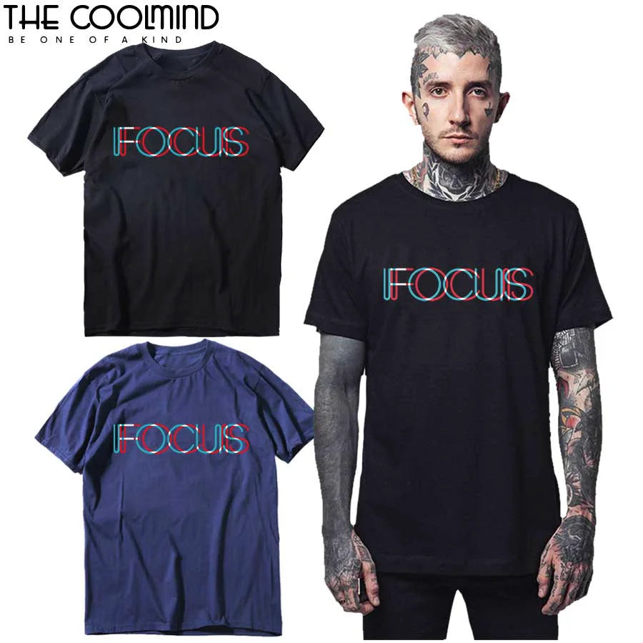 COOLMIND QI0231A T-shirt 100 % coton à manches courtes pour homme, imprimé Focus, amusant, décontracté, col rond, ample, été, tee-shirt pour homme, Pthd