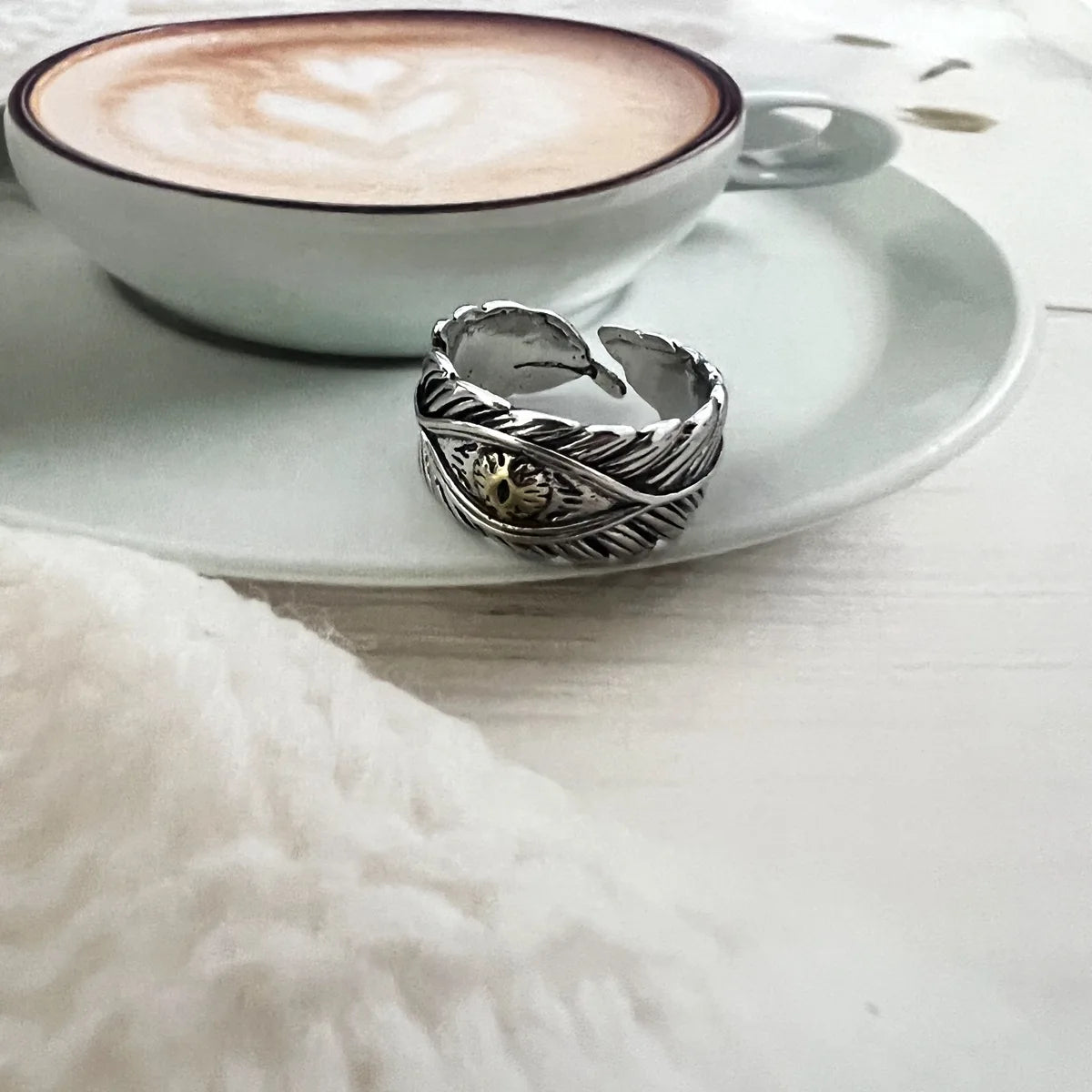 Retro Evil Eye Feather Ring For Men Punk Gothic Rock Hiphop Designer Open Ring Handmade Jewelry Bikers Accessories Unisex Gift