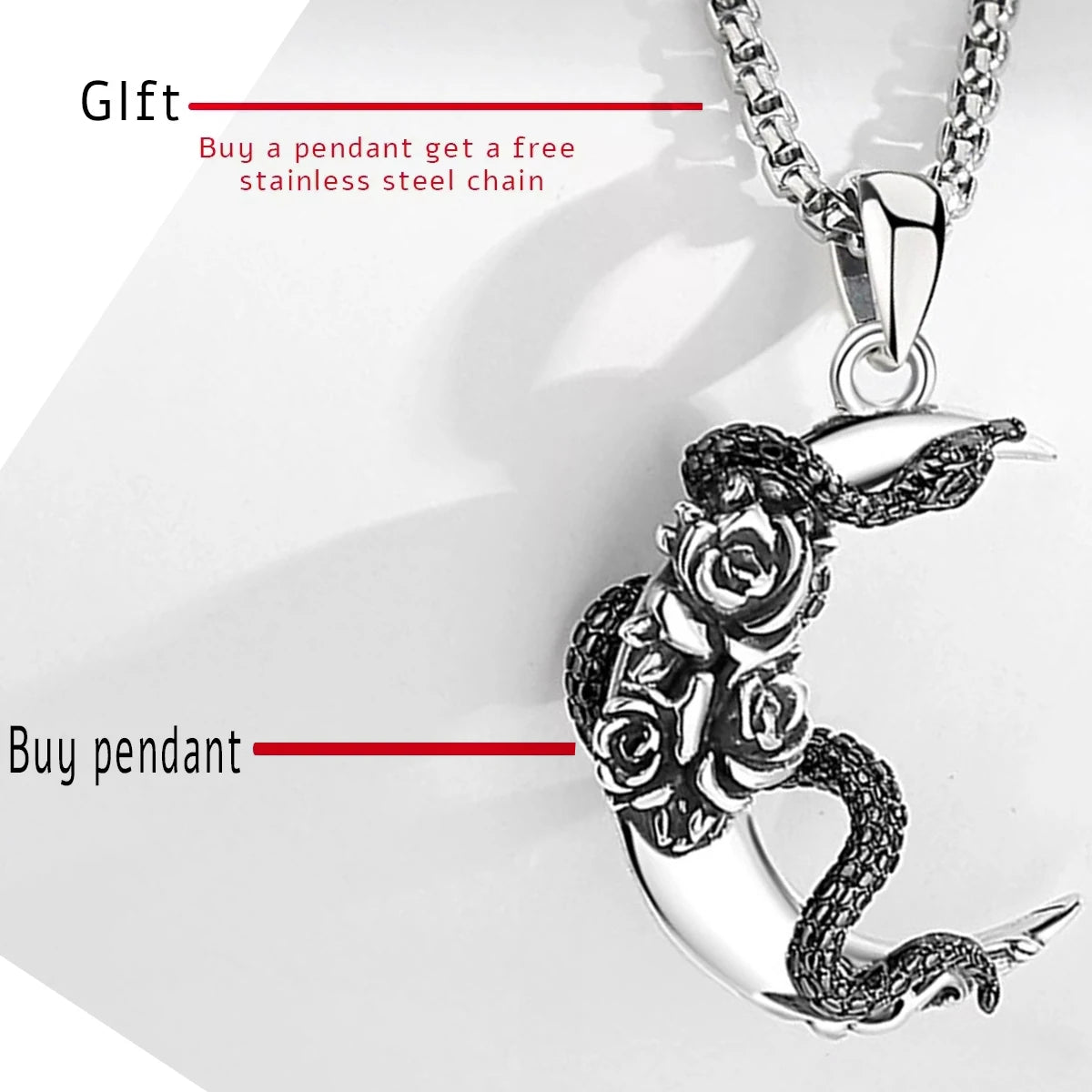 Eudora New 925 Sterling Silver Wicca Moon Necklace Black Snake and Rose Amulet Pendant Personality Jewelry Gift for Men Women