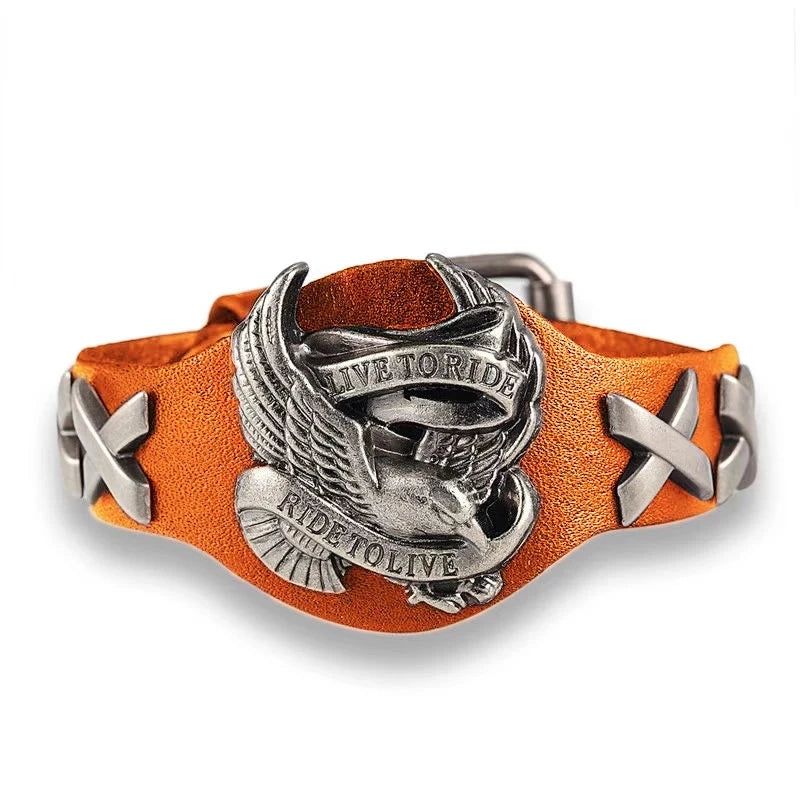 MKENDN Retro Punk Eagle Genuine Leather Bracelet Ride to Live Charm Bird Wide Bangles for Men Woman Pulseira Gift