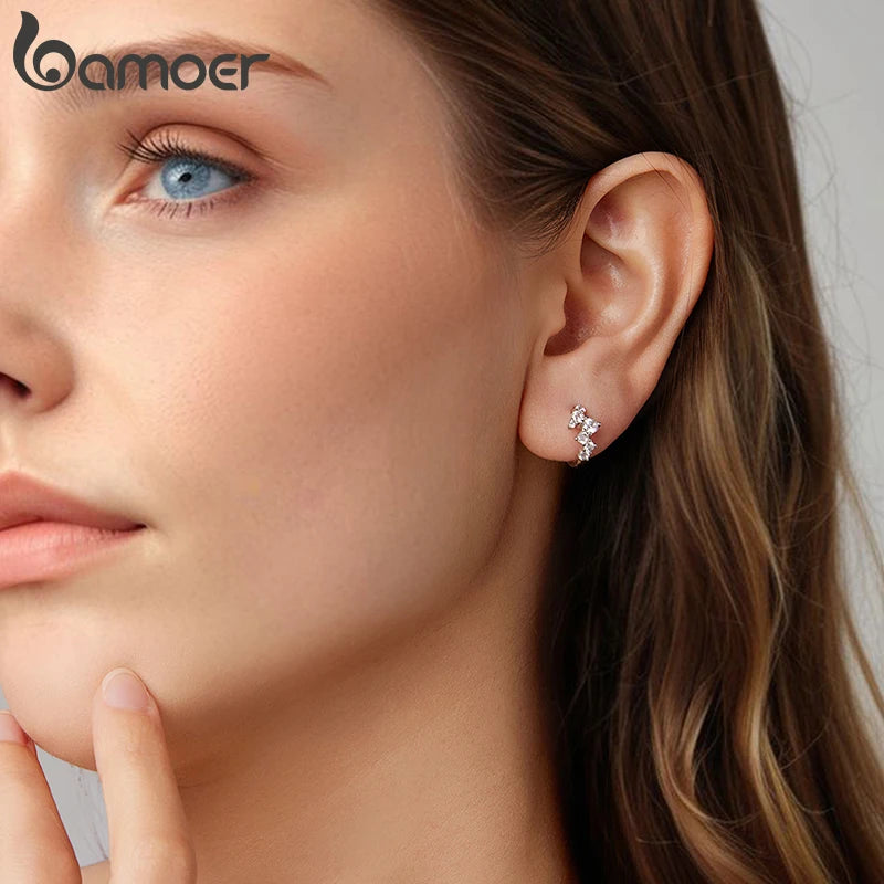 BAMOER 925 Sterling Silver Dazzling Paved CZ Hoop Earrings Shooting Star Huggies Earrings for Women Girls Cute Party Jewelry