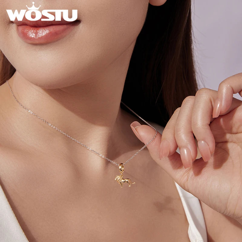 WOSTU 925 Sterling Silver 18K Gold Plate Leopard Lion Pendant Animal Charm For DIY Jewlery Gift Fit Original Bracelet Necklace