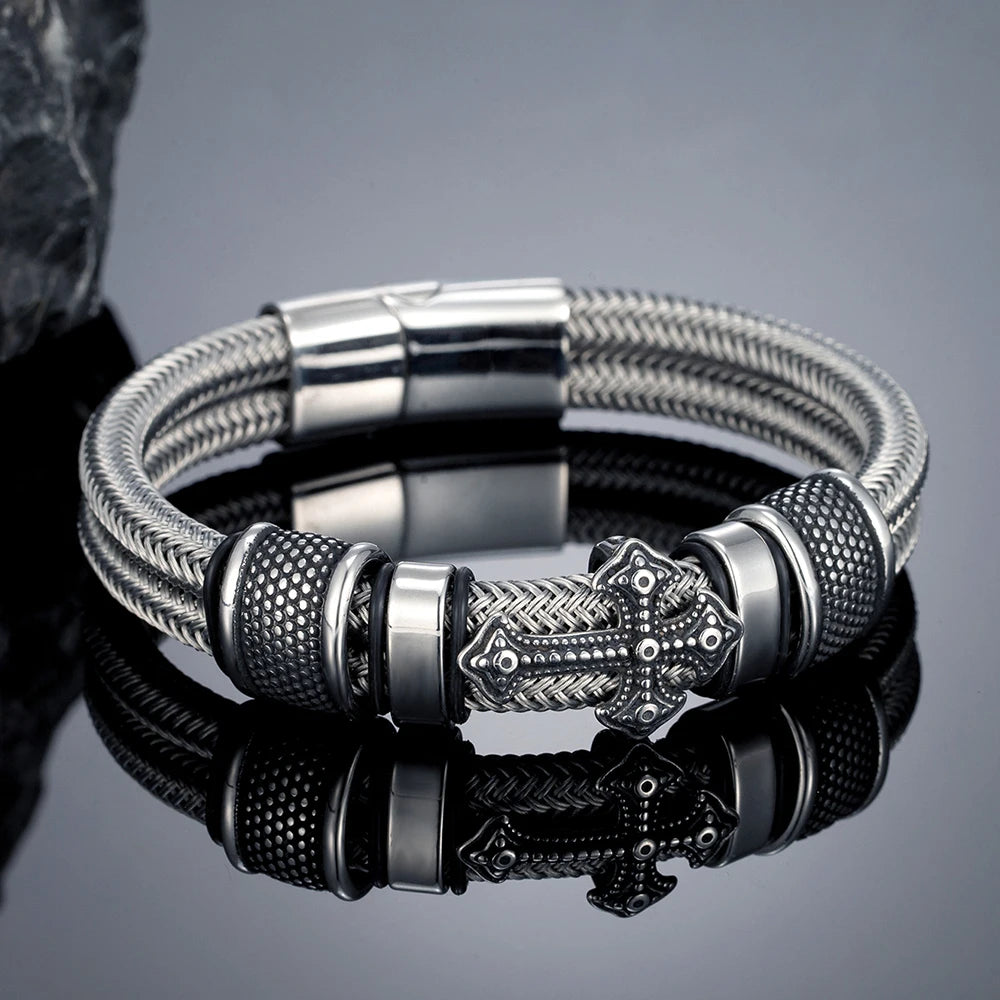 MKENDN Punk Rock Cross Double-layer Braid Steel Wore Rope Bracelet Classic Stainless Steel Bangles For Men Friend Gift