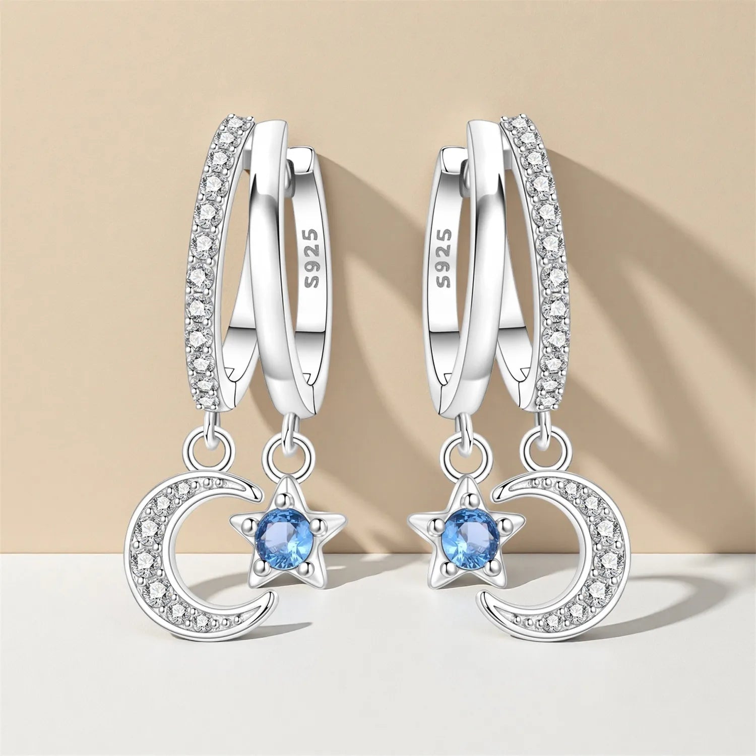 PANPOKI 925 Sterling Silver Double Circle Star Moon Earrings Original Jewelry Drop Earrings Jewelry Party Anniversary Gifts