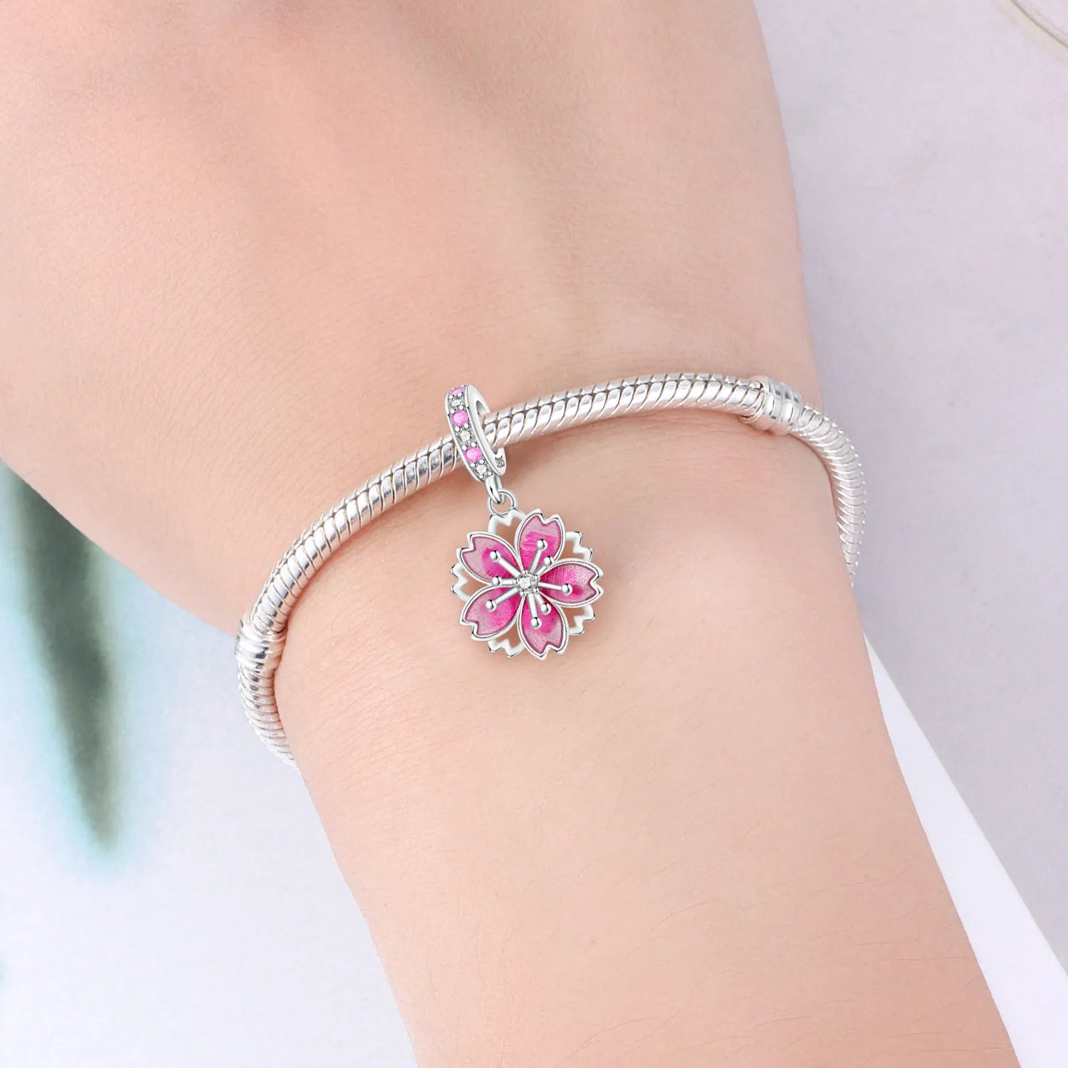 PANPOKI 925 Sterling Silver Rotating Cherry Blossom Flower Beads Original Pendants Bracelet Charm Jewelry Party DIY Trendy Gift