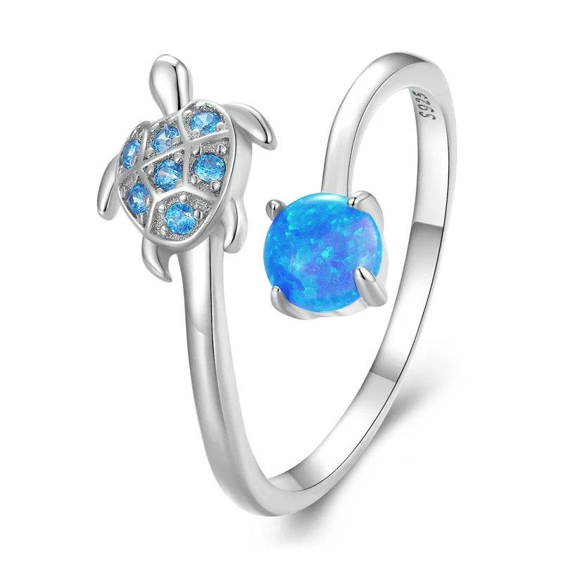 WOSTU 925 Sterling Silver 3D Tulip Open Ring Light Blue Sea Turtle Finger Ring Ocean Opal for Women Dreamy Party Jewelry Gift