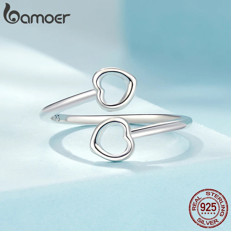 BAMOER 925 Sterling Silver Heart Open Adjustable Ring for Women Simple Stackable Band Rings SCR1091-E