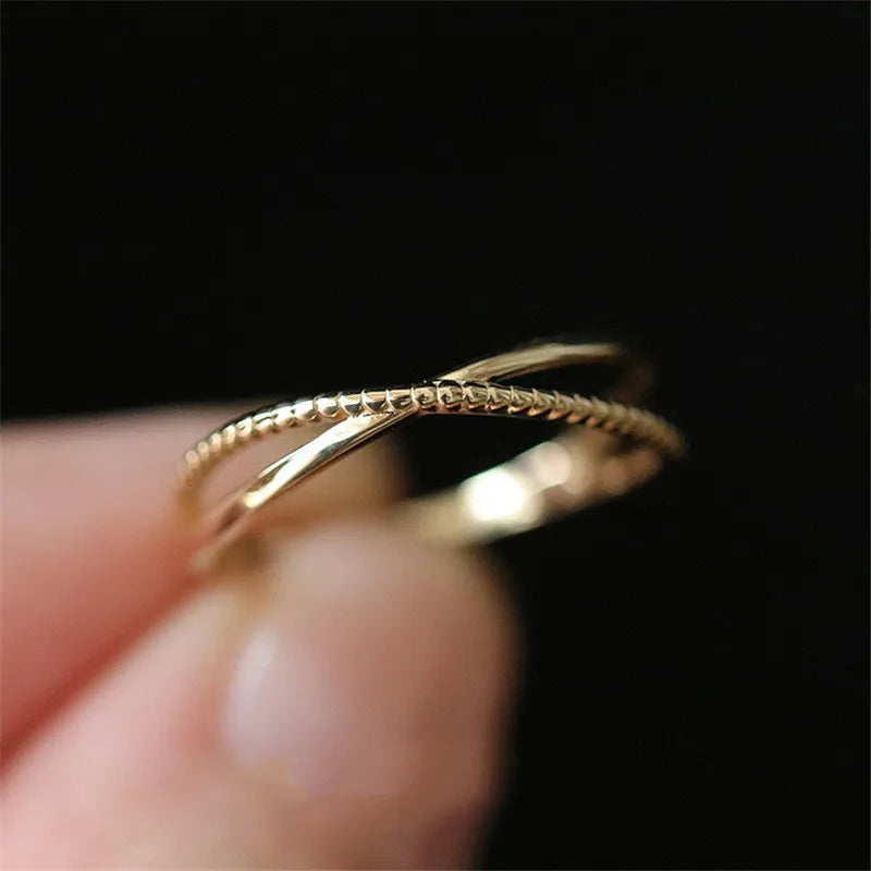 925 Sterling Silver Plated 14K Gold Simple Line Ring for Women Korean Fashion Temperament Everyday Jewelry Accessories