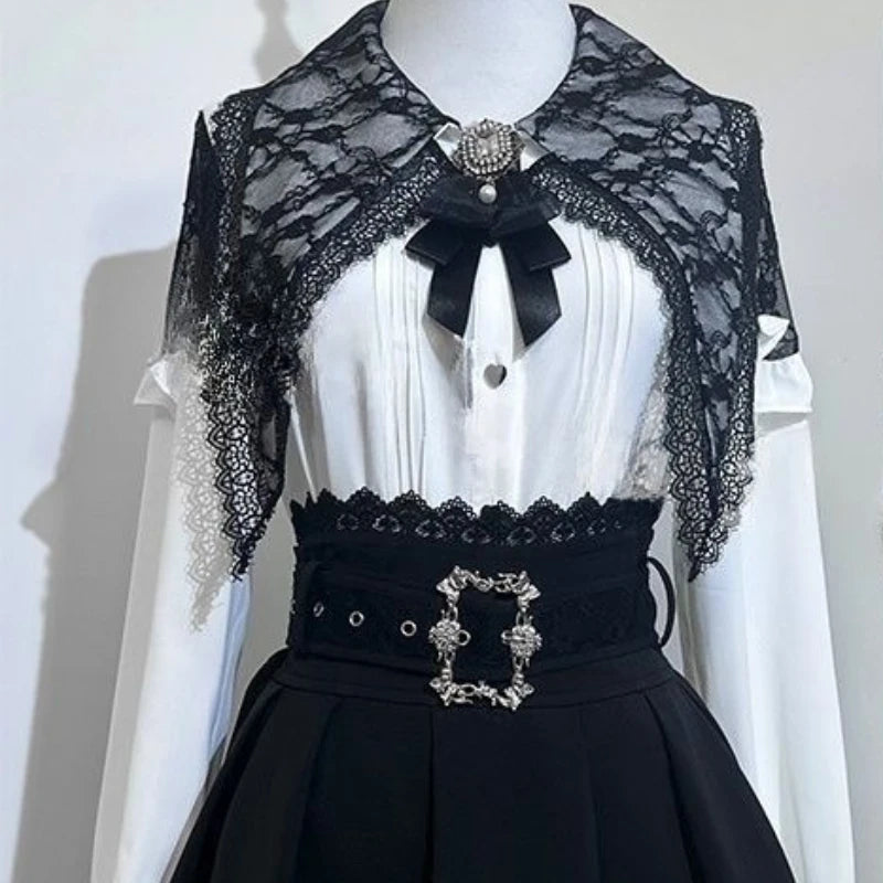 Y2k Aesthetic Lolita Skirt Set Japanese Gothic Bow Lace Off Shoulder Long Sleeve Shirt Mini Skirts Suit Harajuku Sweet Outfits