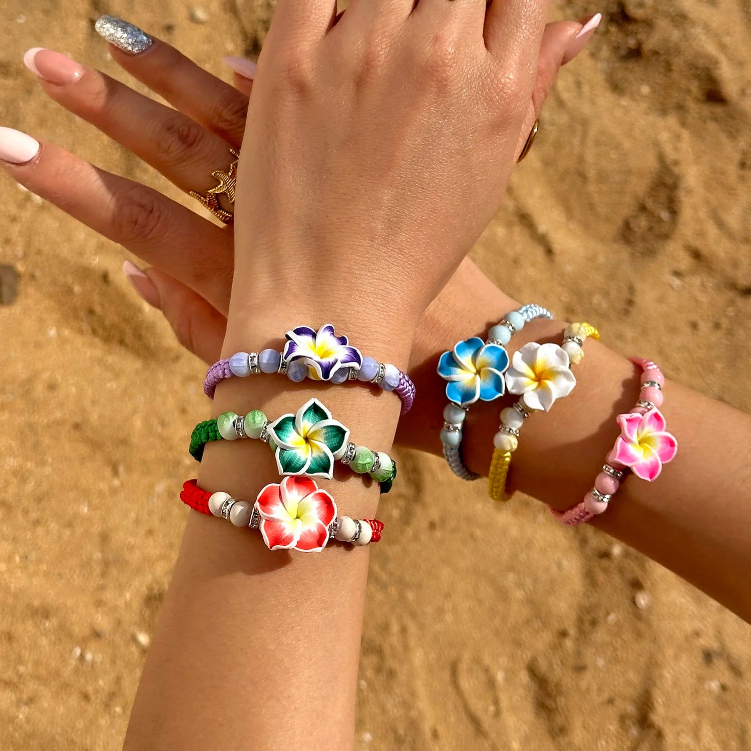 Bohemian Big Flower Charm Bracelets For Women Pink Red Blue Green Flowers Soft Clay Pottery Beaded Bangles Girls Party Jewelry