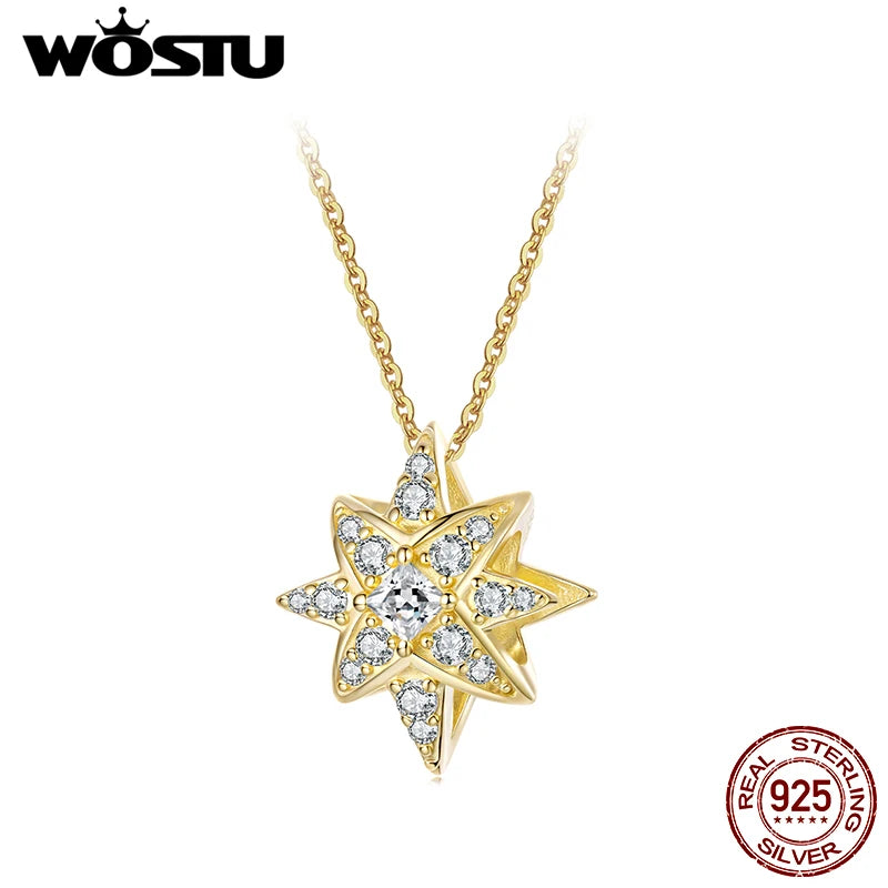 WOSTU 925 Sterling Silver Sparkling Star Pendant Necklace For Women, 18K Gold AAA Zircon Wedding Starburst Charm Necklace DIY
