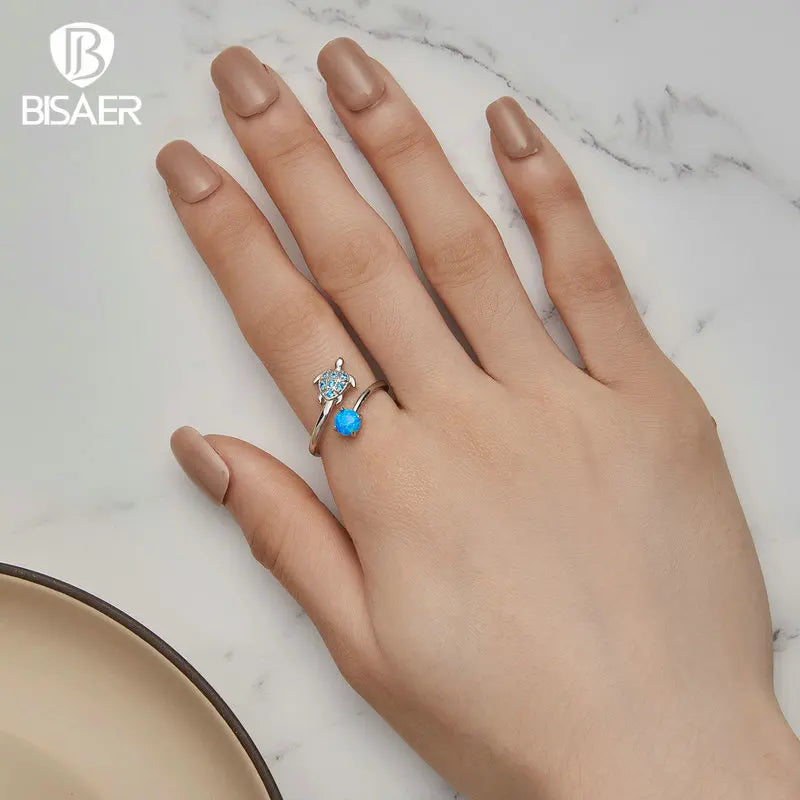 BISAER 925 Sterling Silver Turtle Open Rings Blue Opal Marine Animal Band Adjustable for Women Party Fine Jewelry Holiday Gifts