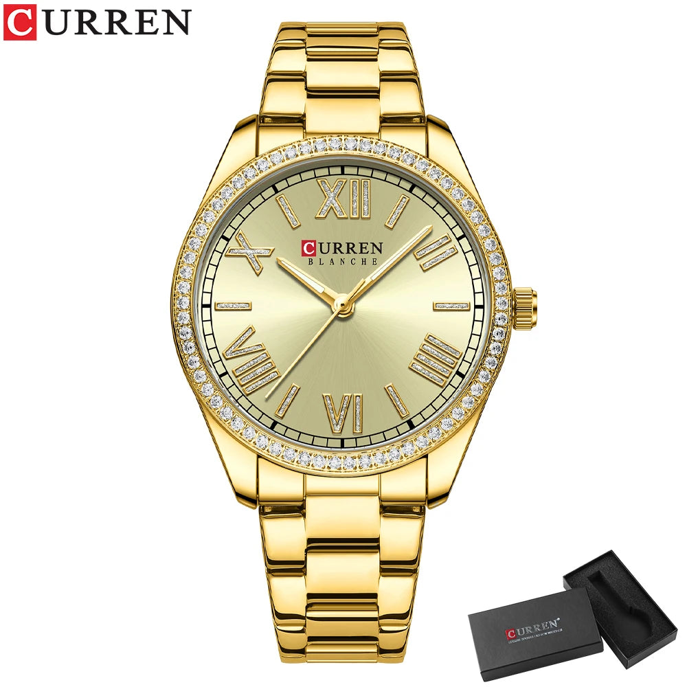 CURREN NEW Luxury Stainless Steel Wristwatches for Ladies Romantic Rose Pink with Rhinestones Roman Numeral Dial