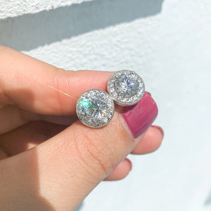 OXTAO Trendy 925 Sterling Silver Round Cut 7mm Main Stone Stud Earrings Engagement Wedding Female Jewelry Piercing Accessories