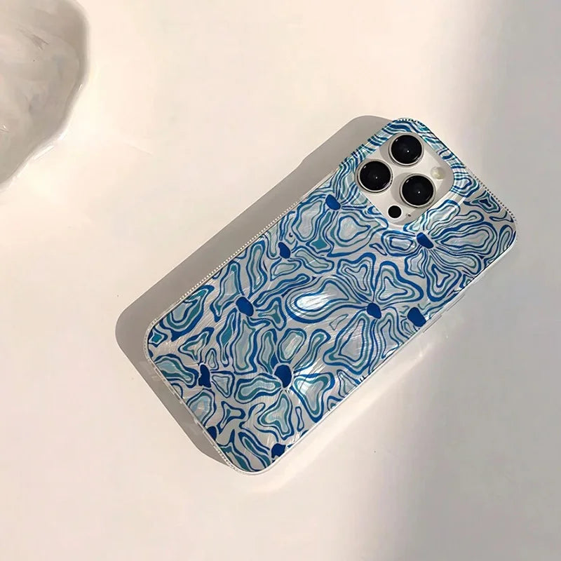 Abstract Blue & Aqua Water Wave Floral Pattern Case for iPhone 17 16 15 Pro Max Air 14 11 13 12 XR 8 7 16 15 Plus X XS SE2 Cover