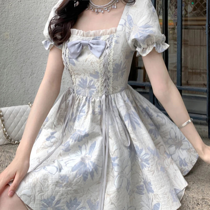 Sweet Lolita Style Princess Dress Women Elegant Square Collar Bow Puff Sleeve Party Mini Dresses Girls Korean Kawaii Print Dress Blue / M