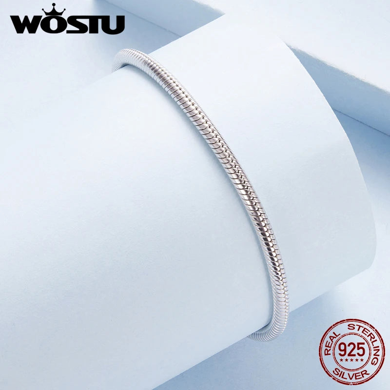 WOSTU 925 Sterling Silver Love Heart Bracelet Base Snake Chain for Women Fit Beads Charms DIY Adjustable Gift Fine Jewelry