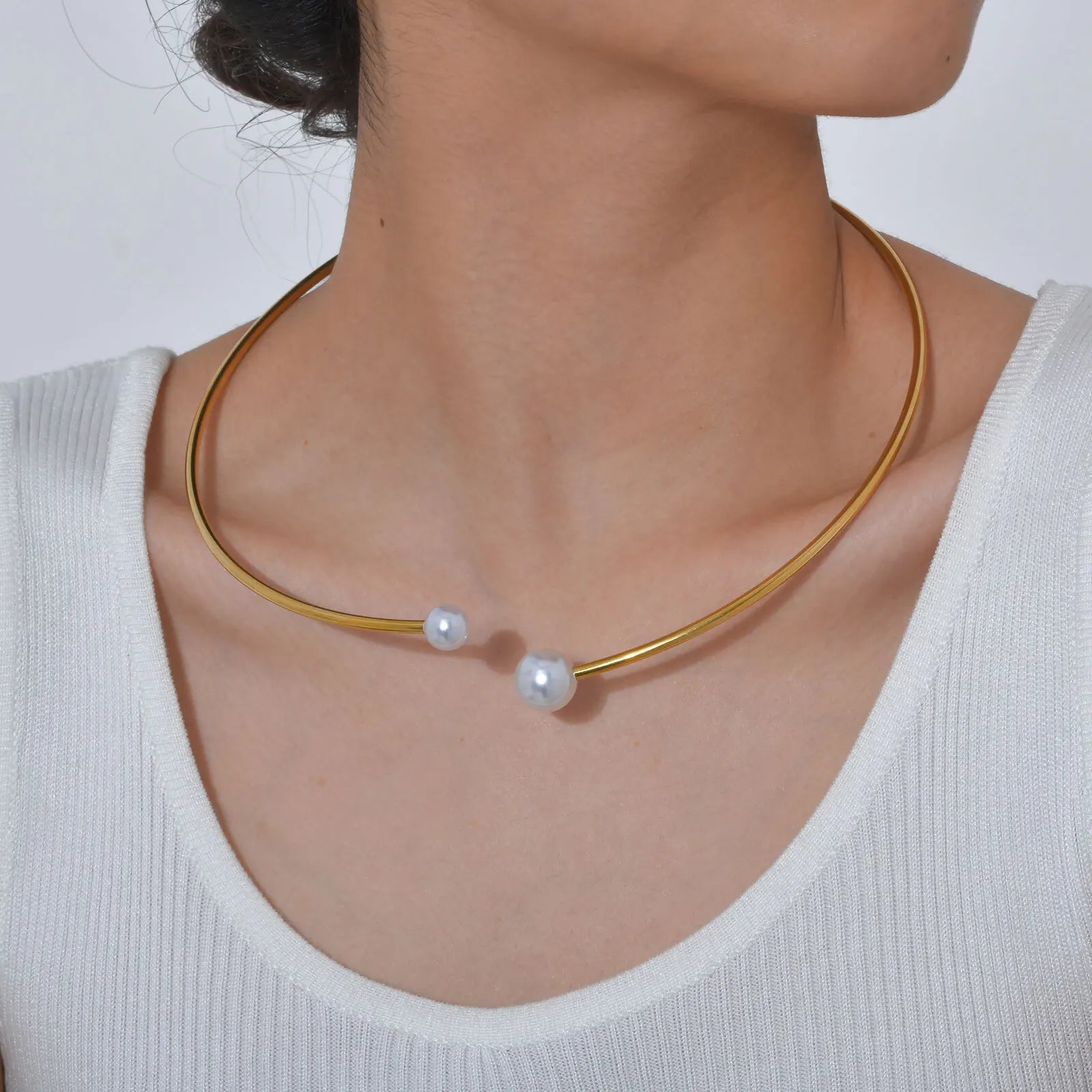 Vnox Simple Stainless Steel Pearl Gold Color  Women's Cuff Choker Necklaces Charm Daily Jewelry Girls Neck Gifts Accessory