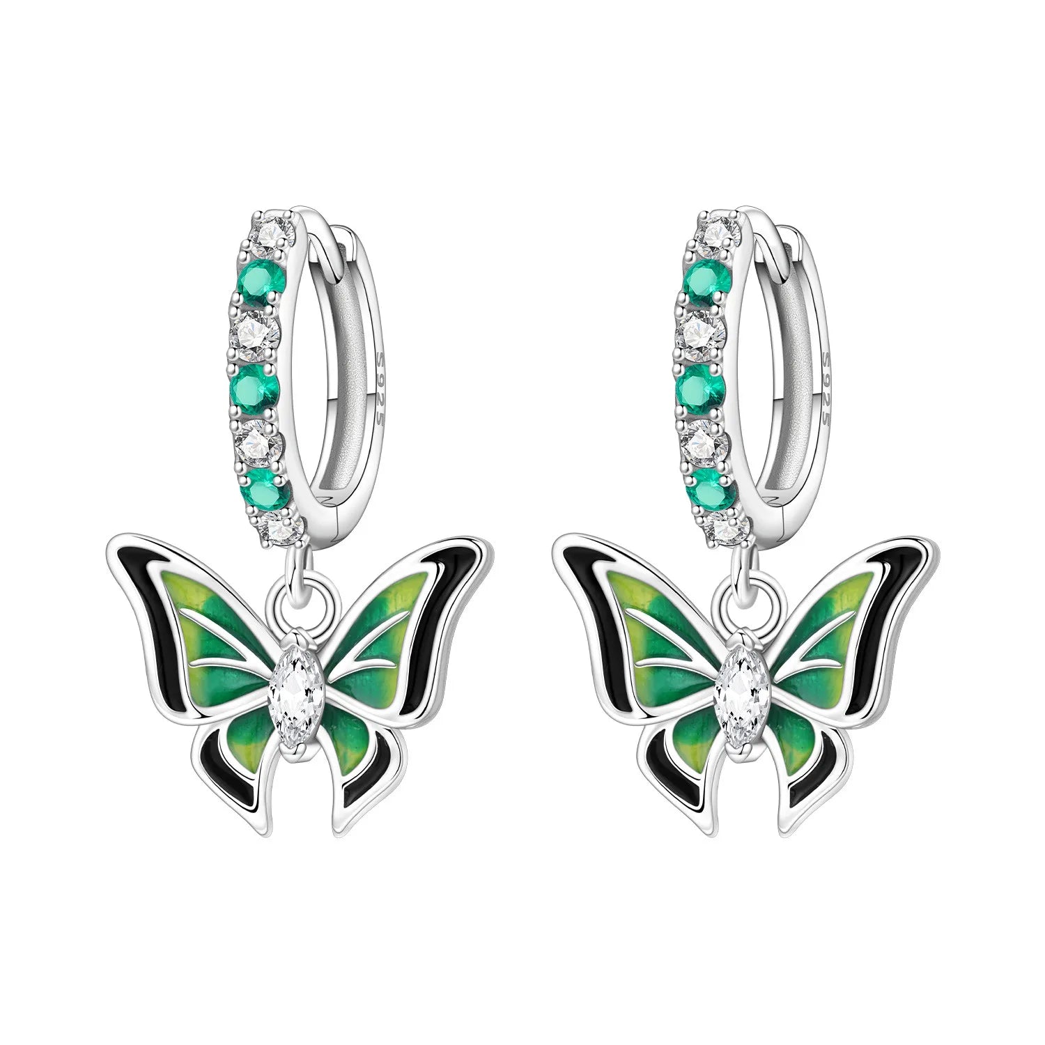 PANPOKI 925 Sterling Silver Green Butterfly Insects Earrings Original Jewelry Drop Earrings Jewelry Party Anniversary Fine Gift