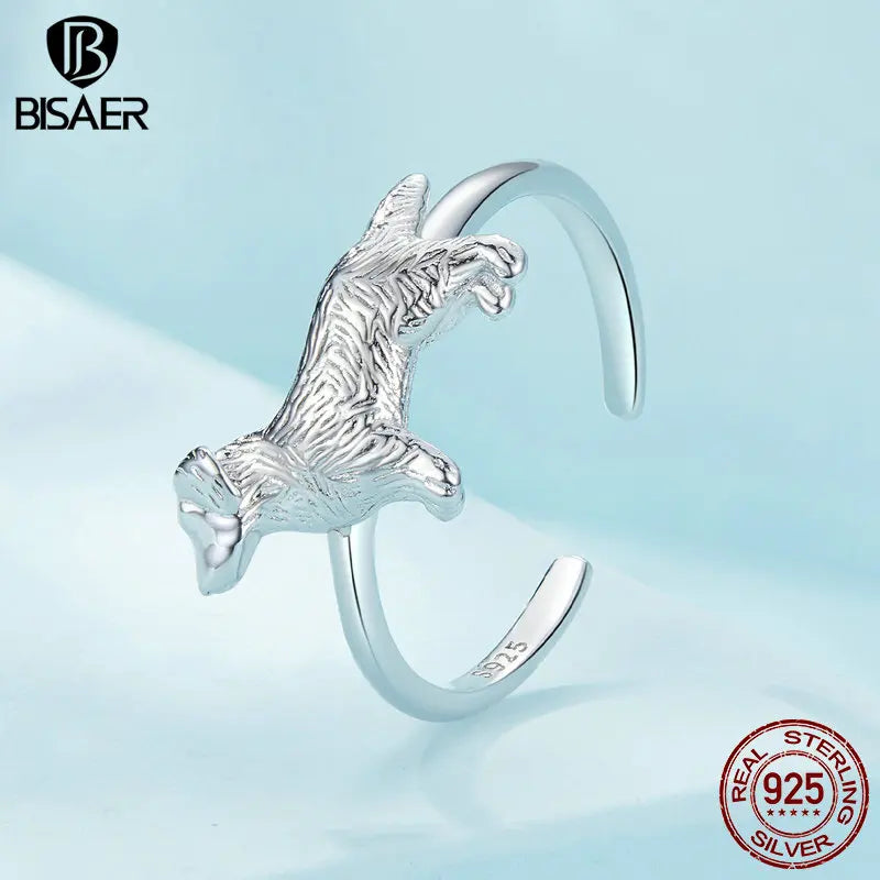BISAER 925 Sterling Silver Cute Golden Retriever Open Ring Pet Dog Band Plated White Gold for Women Party Original Fine Jewelry