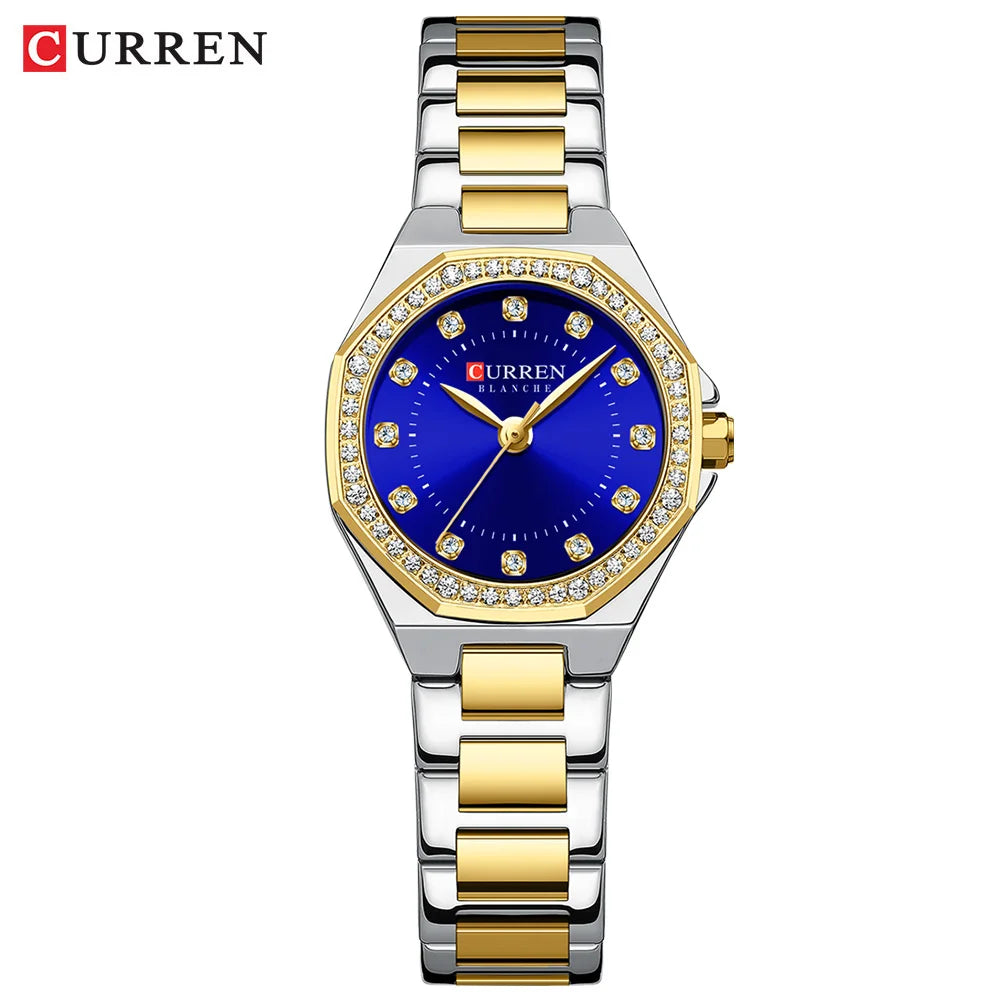 CURREN Luxury Elegance Watch for Women Simple Quartz Wristwatches with Sparkling Rhinestones Stainless Steel Bracelet Waterproof