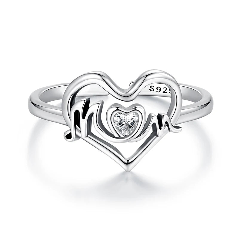WOSTU 925 Sterling Silver Letter Mom Heart Open Ring For Women Shiny AAA Zircon Stackable Rings Mother's Day Jewelry Faimly Gift