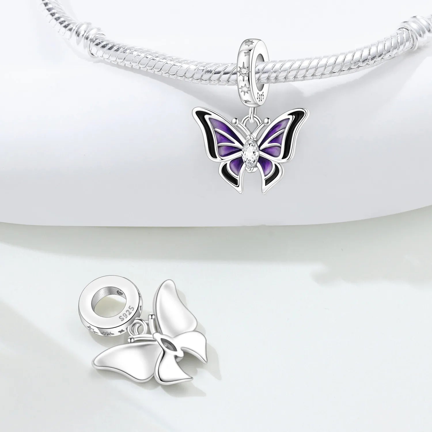 PANPOKI 925 Sterling Silver Purple Butterfly Insect Beads Original Pendants Bracelet Charm Jewelry Party DIY Trendy Gifts
