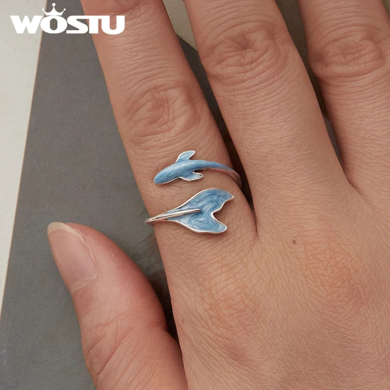 WOSTU Real 925 Sterling Silver Colorful Mermaid Open Ring Ocean For Women Blue Whale Adjustable Rings beach Jewelry Holiday Gift
