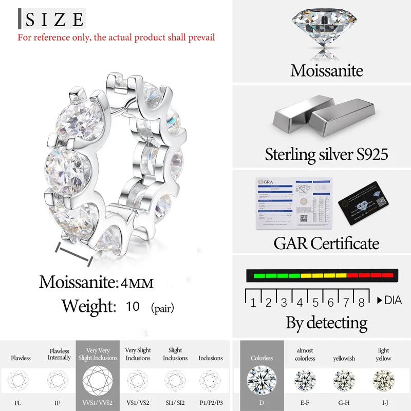 Classic Clip Earrings For Women S925 Sterling Silver  Moissanite Earring Fine Jewelry