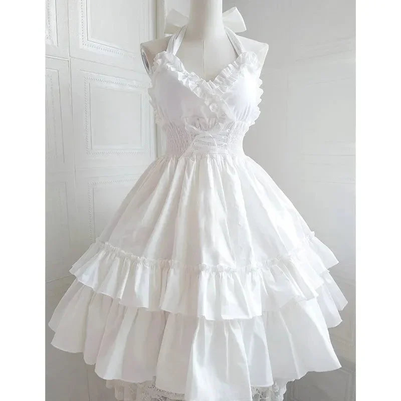 Vintage Elegant Lolita Jsk Dress Women Sweet Princess Dancing Party Slim Dresses Girly Cute Ruffles Halter Collar Wedding Dress