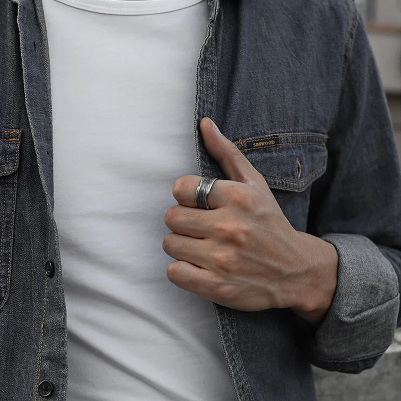 Retro Traces Strip Ring For Men Silver Color Punk Gothic Rock Hiphop Open Ring Biker Accessories Handmade Jewelry Unisex Gift