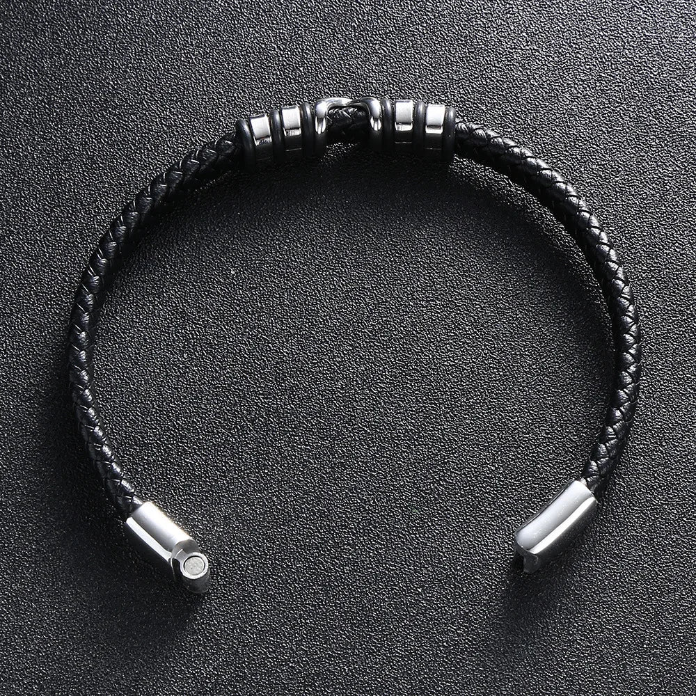 MKENDN Bracelet en cuir tressé noir classique simple X Bracelet en acier inoxydable avec boucle magnétique Bijoux pour hommes femmes Couple Cadeaux