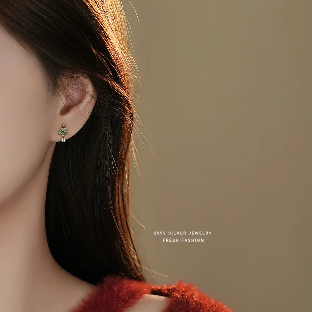 999 Sterling Silver Fashion Green Zircon Christmas Tree Stud Earrings for Women  Exquisite Christmas Jewelry Accessories