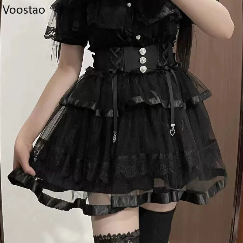 Japanese Gothic Lolita Style Rhinestone Mini Skirt Women Punk Slim Bandage Cake Skirt Girls Sweet Y2k Mesh Skirts Faldas Mujer - Madeinsea©