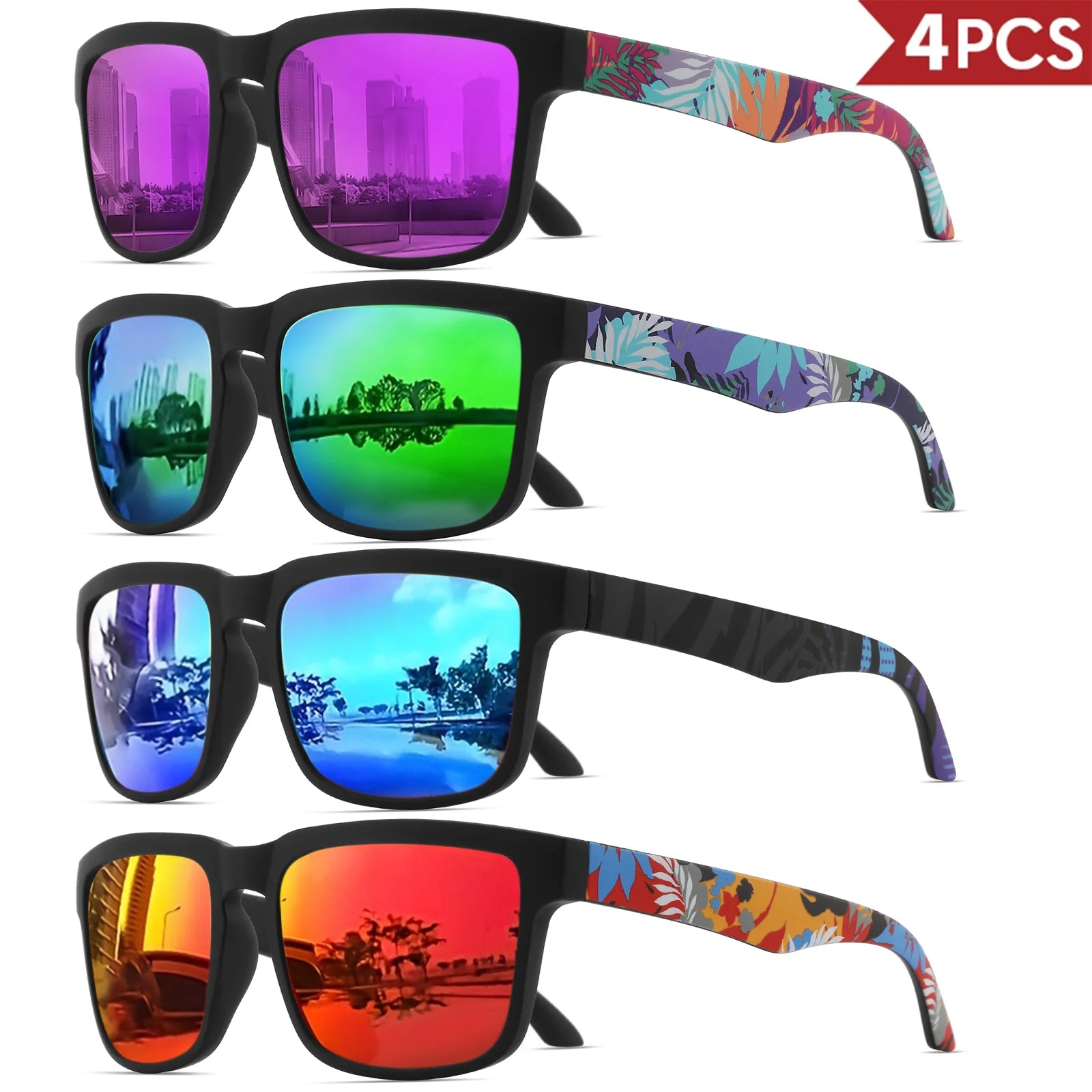 4PCS Square Sports Sunglasses with Designer Temple Pattern - UV400 for Men Women, Beach Vacation