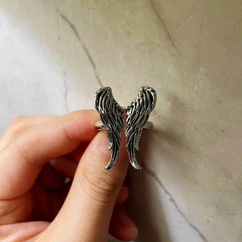 Retro Big Angel Wings Ring For Men Women Silver Color Punk Gothic Open Ring Handmade Designer Jewelry Unisex Accessories Gift