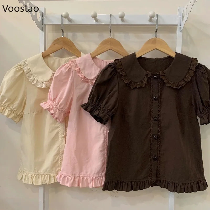 Japanese Kawaii Lolita Shirts Women Sweet Puff Short Sleeve Lace Ruffles Slim Blouses Girls Cute Y2k Clothes Tops Blusas Mujer