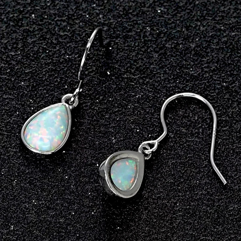 925 Sterling Silver Ladies Drop Hook Earrings 6x9mm Pear Shape Bezel Set White Opal Earring for Women Fashion Gemstone Gift