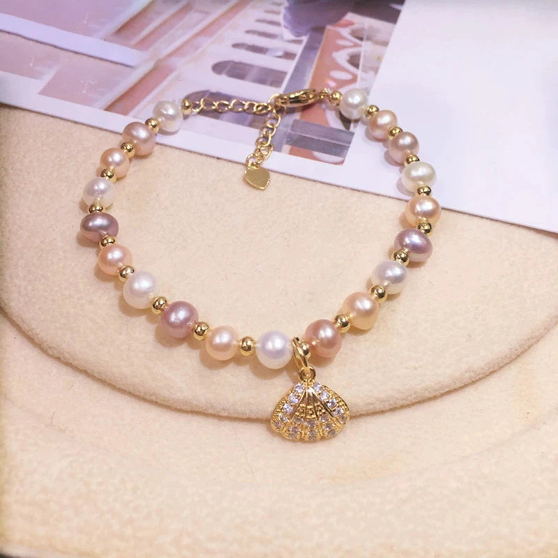 OXTAO Daily Wear Natural Cultured Freshwater Pearl Shell Charm Bracelet 4K Gold Filled Exquisite Birthday Jewelry Gift
