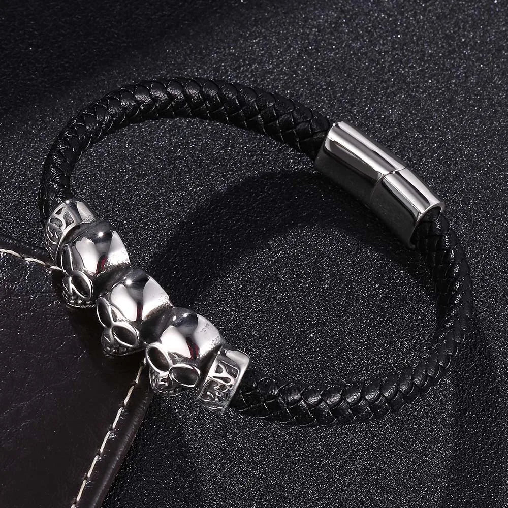 MKENDN Stainless Steel Genuine Leather Bracelet Cool Skull Skeleton Head Bangle Black Braided Viking Bracelet For Men Jewelry