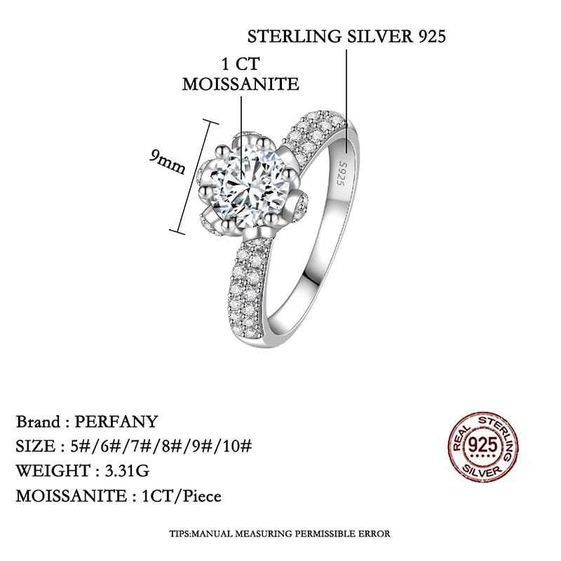 PERMANY 1-5CT Moissanite Ring S925 Pure Silver Six Claw Petal Design Bridal Eternal Ring Women's Wedding Jewelry