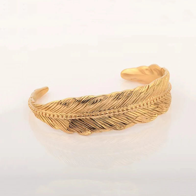 MKENDN 18K Gold Plated Horseshoe Cuff Bangle for Men Stainless Steel Feather Screw Design Fashion Hip Hop Jewelry Bracelet