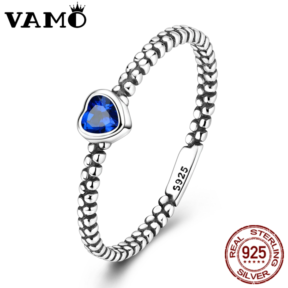 VAMO Original 925 Sterling Silver Woman Ring Vintage Dew Pearl Blue Heart Rings Sparkling Wedding Ring Girls Jewelry Anniversary - Madeinsea©