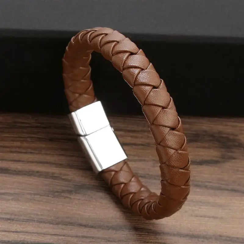 Classic Men Jewelry Braided Leather Bracelet Simple Design Magnetic Clasp Vintage Bangles Gift Dropshipping